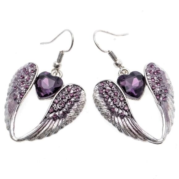 Silver with Purple Amethyst Crystal Angel Wing with Heart Dangling Hook Earrings - Picture 1 of 5